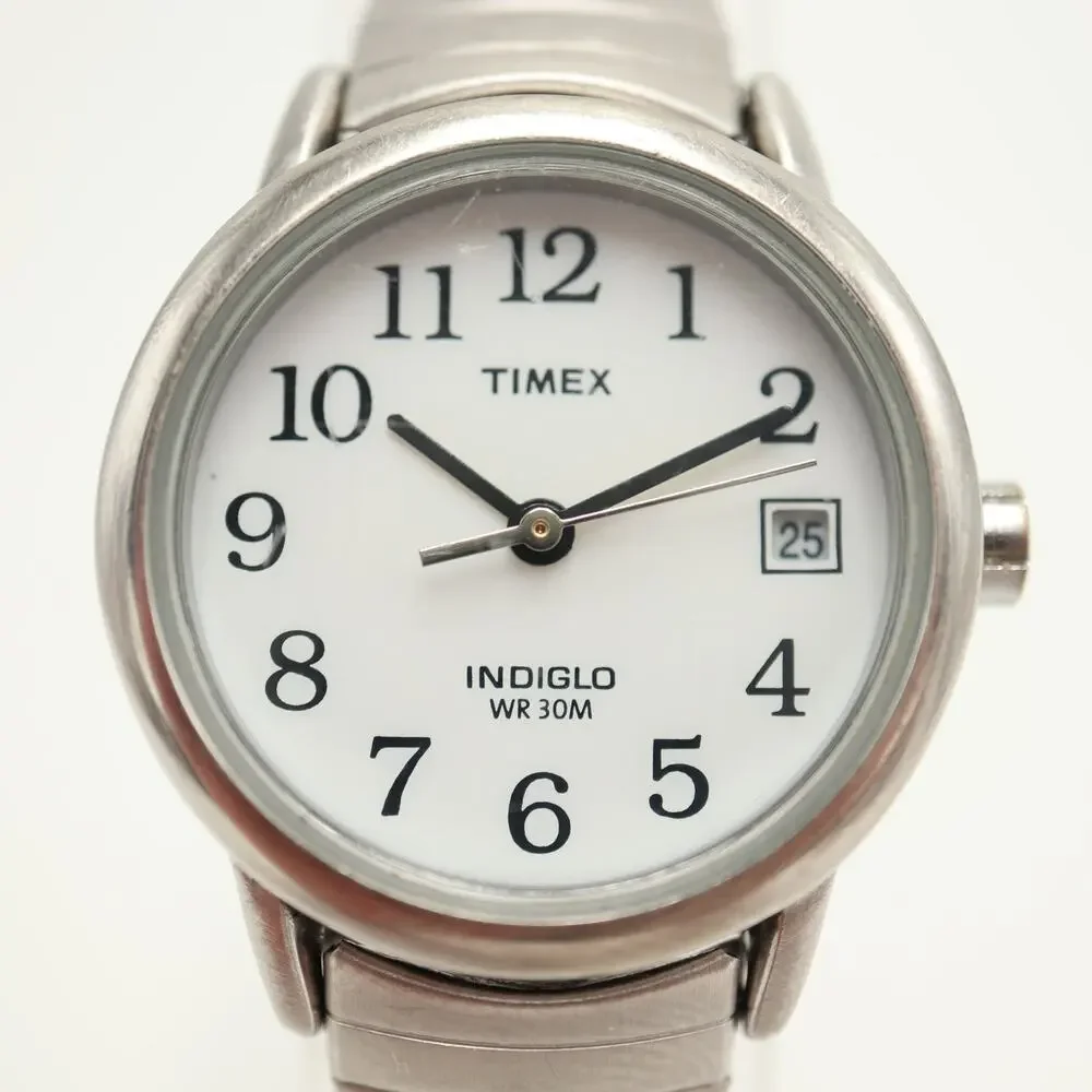 Timex Indiglo Date Silver Tone Women 25mm Watch Metal Stretch Band w New Battery